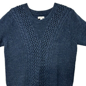 LL Bean Signature Womens Blue Cable Knit Short Sleeve Sweater Size L 100% Cotton